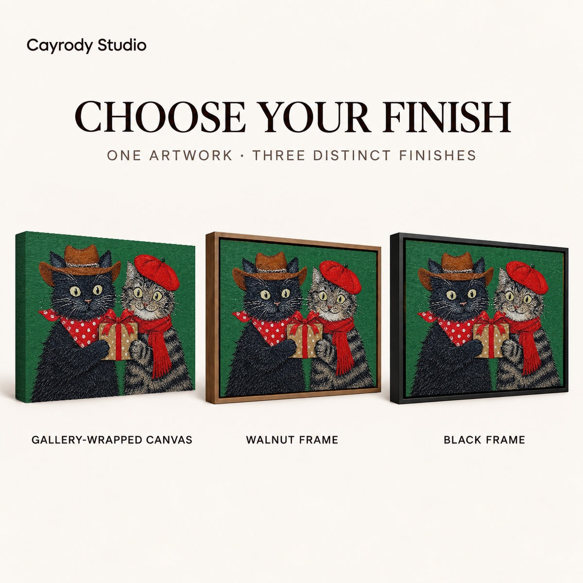 Holiday Gift Cats canvas art comparing gallery wrapped canvas, walnut frame, and black frame finishes.