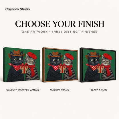 Holiday Gift Cats canvas art comparing gallery wrapped canvas, walnut frame, and black frame finishes.