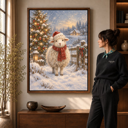 Christmas Lamb canvas art in a walnut frame beside a standing woman and wooden console.