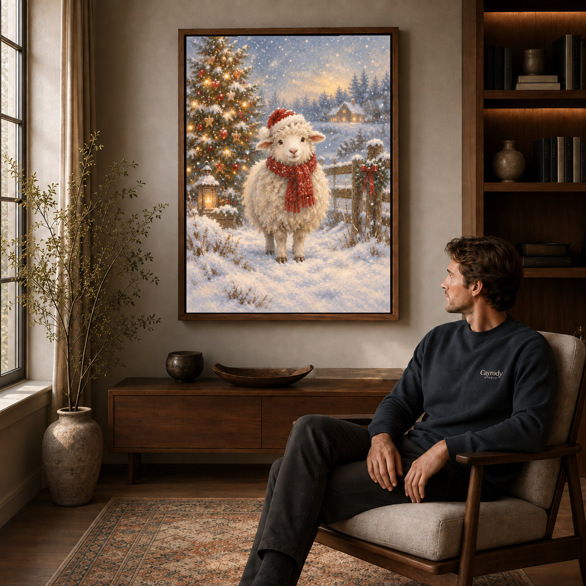 Christmas Lamb canvas art above a wooden console beside a seated man in a warm room.