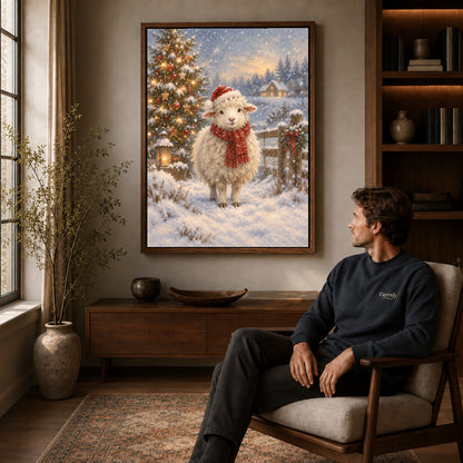 Christmas Lamb canvas art above a wooden console beside a seated man in a warm room.