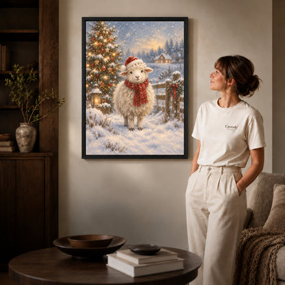 Christmas Lamb canvas art in a black frame above books in a welcoming living room.