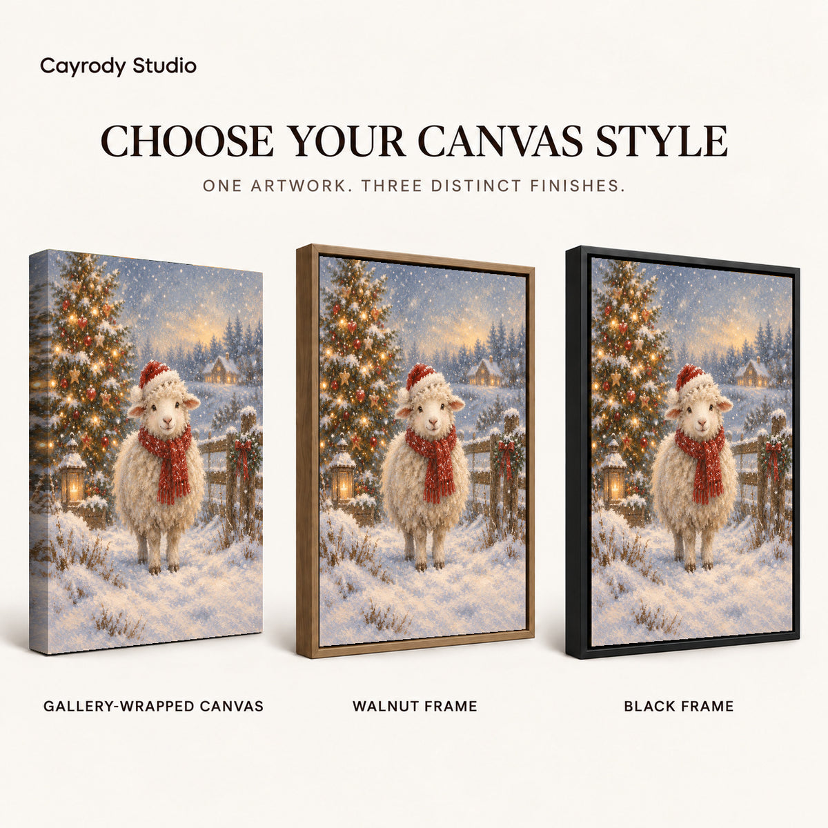 Christmas Lamb canvas art comparing gallery wrapped canvas, walnut frame, and black frame finishes.