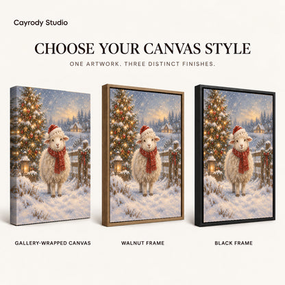 Christmas Lamb canvas art comparing gallery wrapped canvas, walnut frame, and black frame finishes.