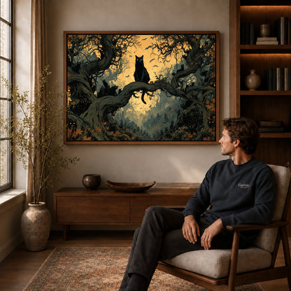 Enchanted Cat Forest canvas art above a wooden console beside a seated man in a warm room.
