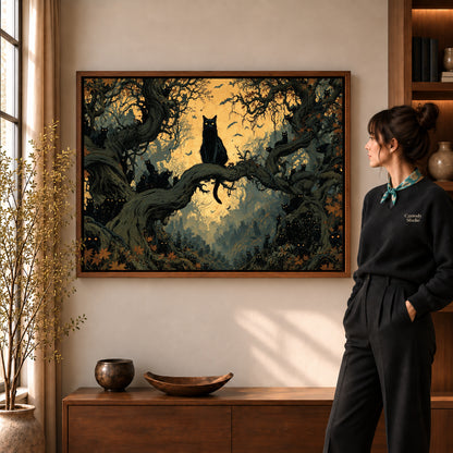 Walnut framed enchanted cat forest canvas art shown beside a standing woman and a wooden console.