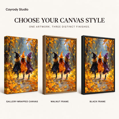 Autumn Witch Friends canvas art comparing gallery wrapped canvas, walnut frame, and black frame finishes.