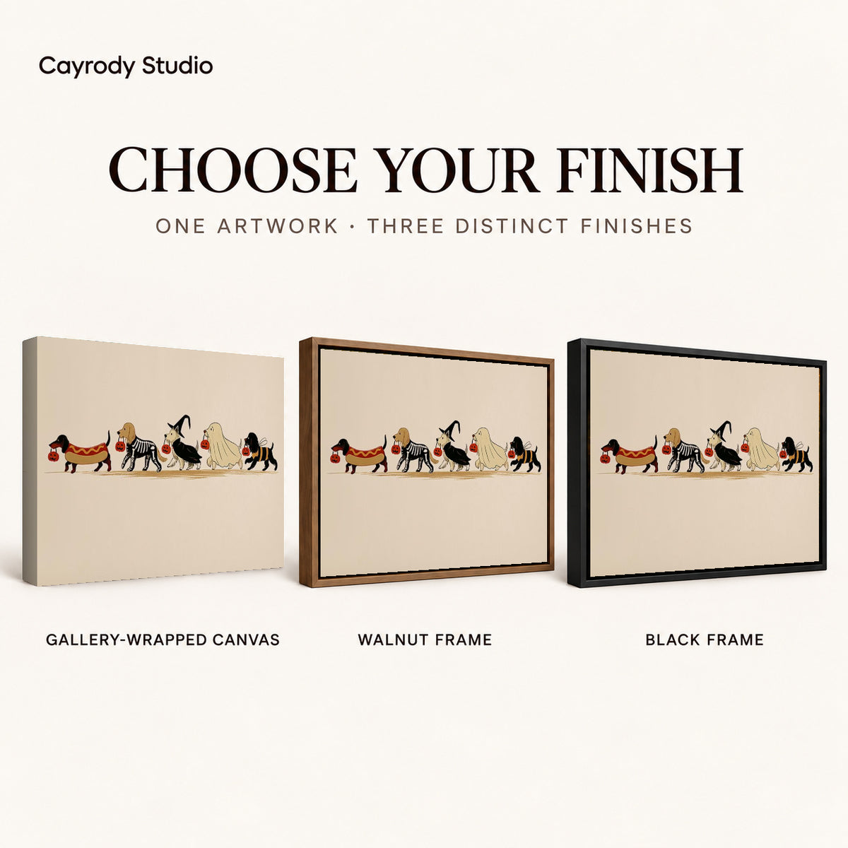 Costumed Dog Parade canvas art comparing gallery wrapped canvas, walnut frame, and black frame finishes.
