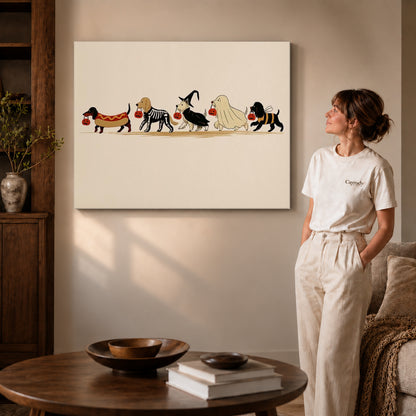 Gallery wrapped costumed dog parade canvas art with visible canvas edges beside a standing woman.