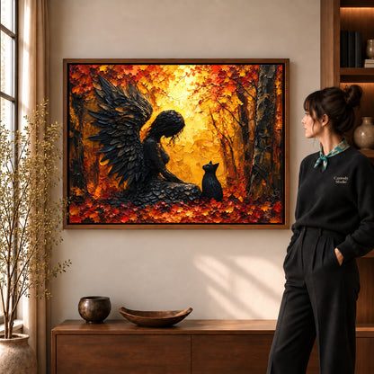 Walnut framed feathered guardian cat canvas art shown beside a standing woman and a wooden console.