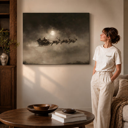 Moonlit Sleigh canvas art displayed as gallery wrapped canvas beside a woman in natural light.