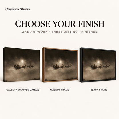 Moonlit Sleigh canvas art comparing gallery wrapped canvas, walnut frame, and black frame finishes.
