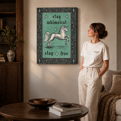 Free Spirit Unicorn canvas art displayed as gallery wrapped canvas beside a woman in natural light.