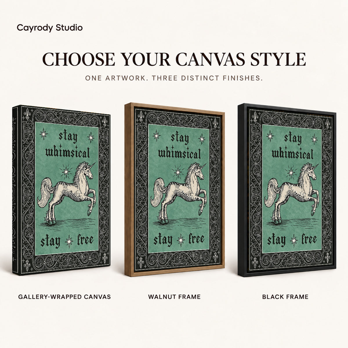 Free Spirit Unicorn canvas art comparing gallery wrapped canvas, walnut frame, and black frame finishes.