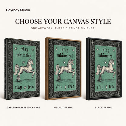 Free Spirit Unicorn canvas art comparing gallery wrapped canvas, walnut frame, and black frame finishes.