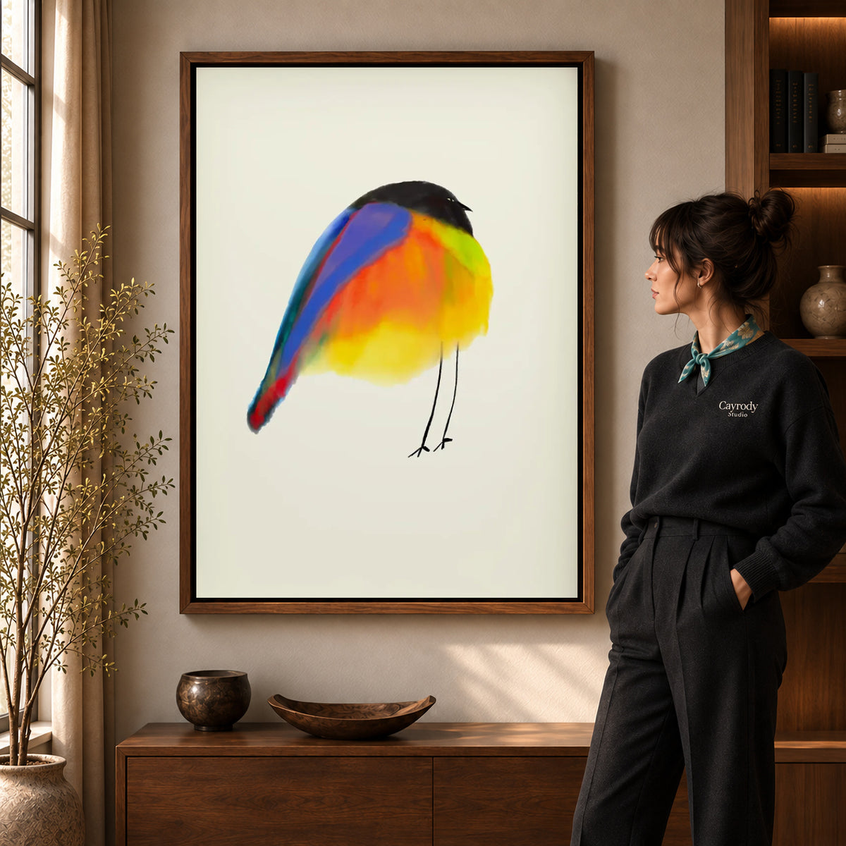 Colorful Bird canvas art in a walnut frame beside a standing woman and wooden console.
