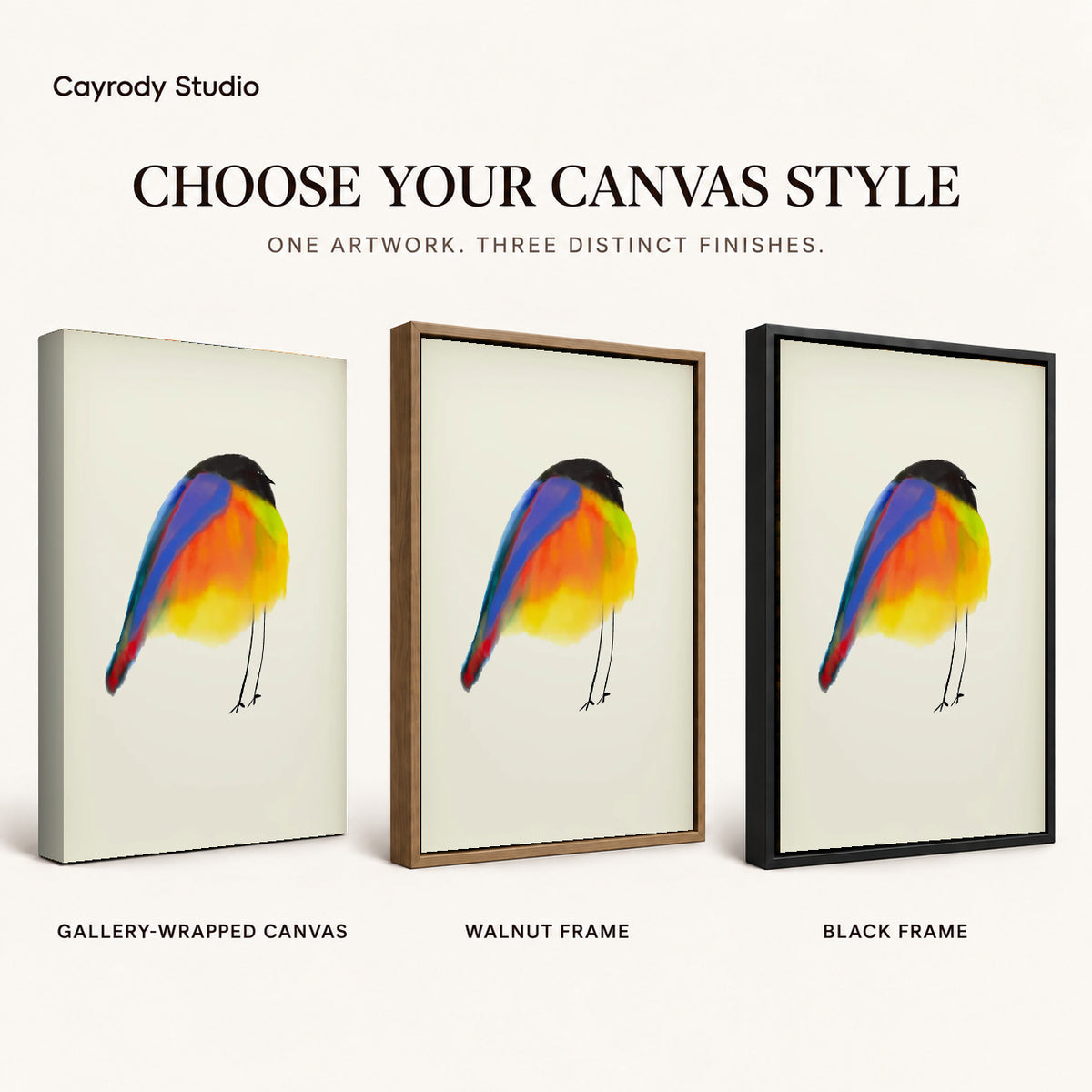 Colorful Bird canvas art comparing gallery wrapped canvas, walnut frame, and black frame finishes.