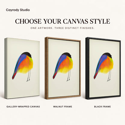 Colorful Bird canvas art comparing gallery wrapped canvas, walnut frame, and black frame finishes.
