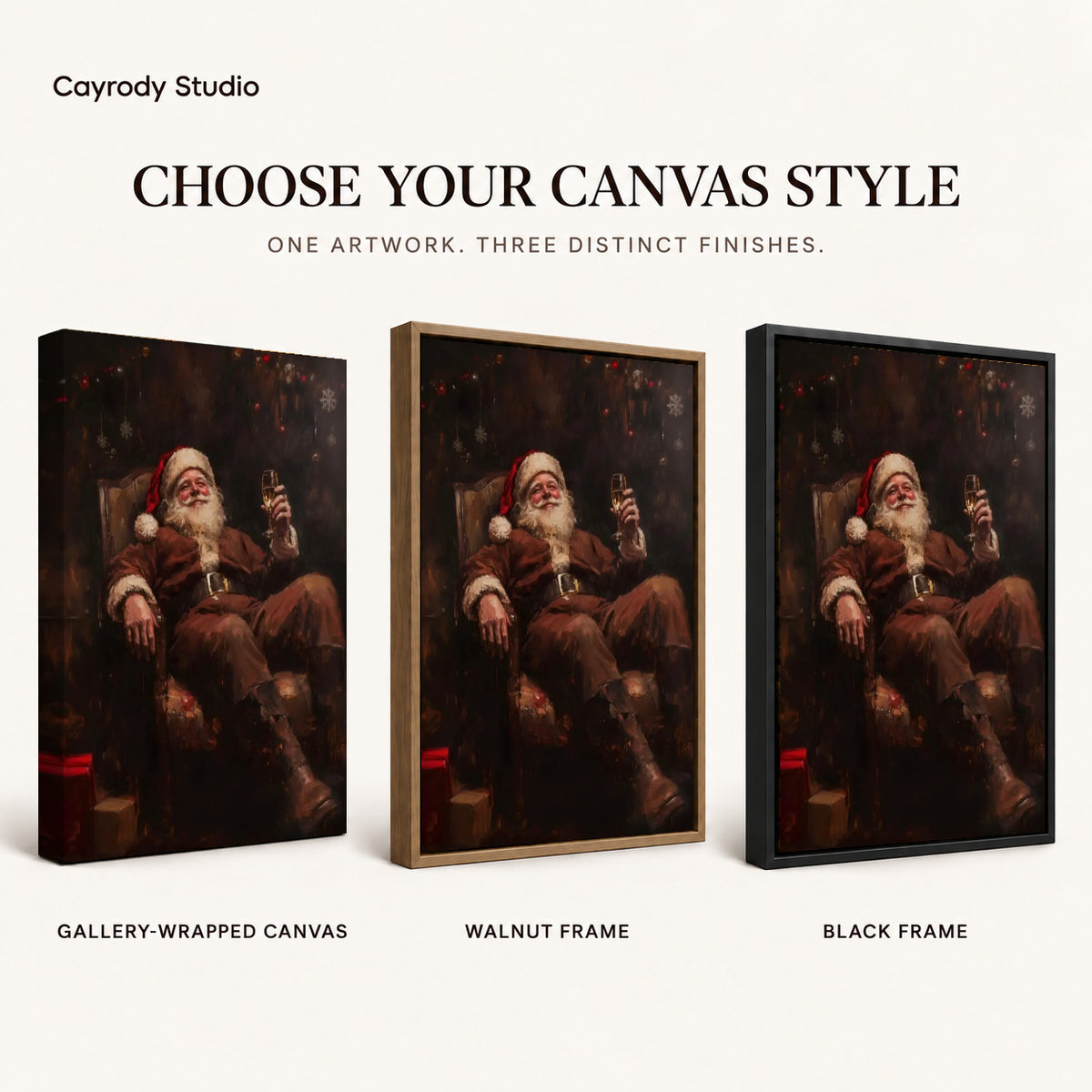 Relaxing Santa canvas art comparing gallery wrapped canvas, walnut frame, and black frame finishes.