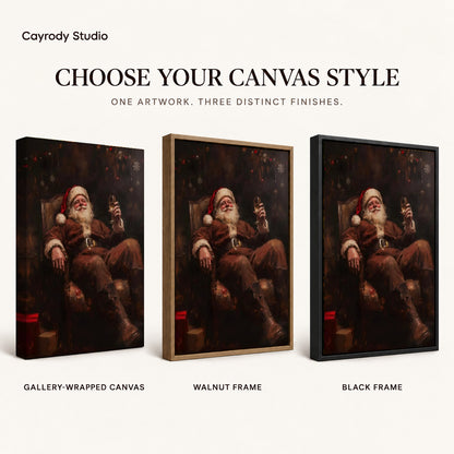 Relaxing Santa canvas art comparing gallery wrapped canvas, walnut frame, and black frame finishes.