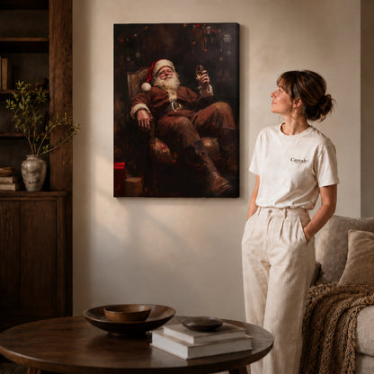 Gallery wrapped relaxing santa canvas art with visible canvas edges beside a standing woman.
