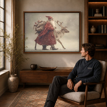 Santa Reindeer canvas art above a wooden console beside a seated man in a warm room.