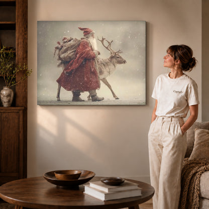 Santa Reindeer canvas art displayed as gallery wrapped canvas beside a woman in natural light.