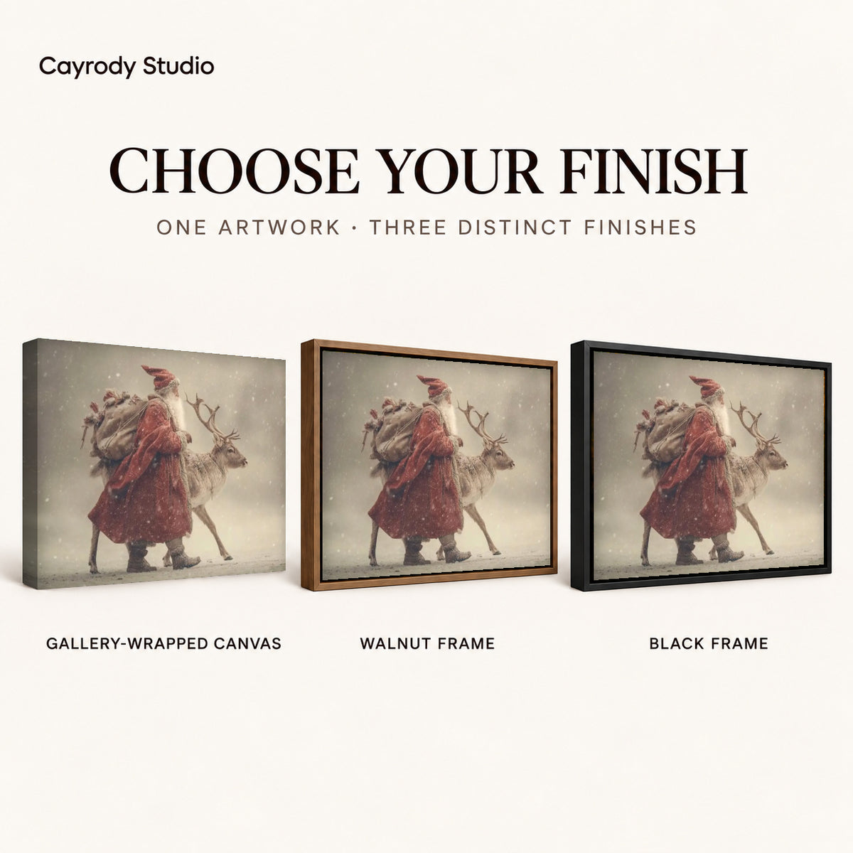 Santa Reindeer canvas art comparing gallery wrapped canvas, walnut frame, and black frame finishes.