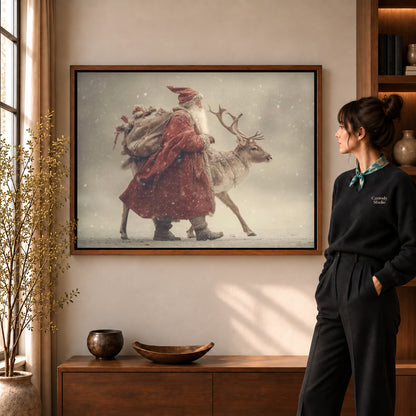 Walnut framed santa reindeer canvas art shown beside a standing woman and a wooden console.