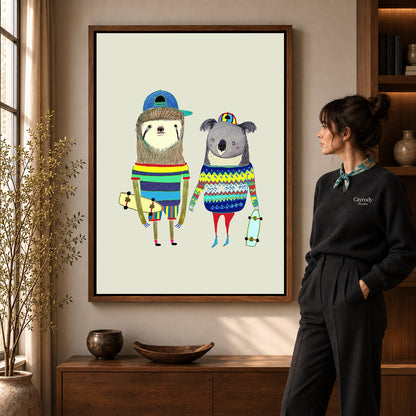 Skateboard Friends canvas art in a walnut frame beside a standing woman and wooden console.
