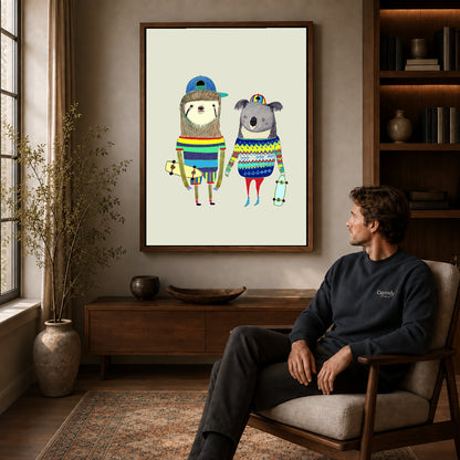 Skateboard Friends canvas art above a wooden console beside a seated man in a warm room.