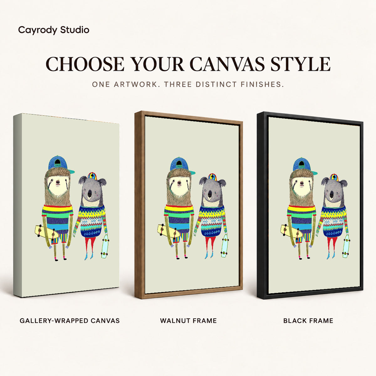 Skateboard Friends canvas art comparing gallery wrapped canvas, walnut frame, and black frame finishes.