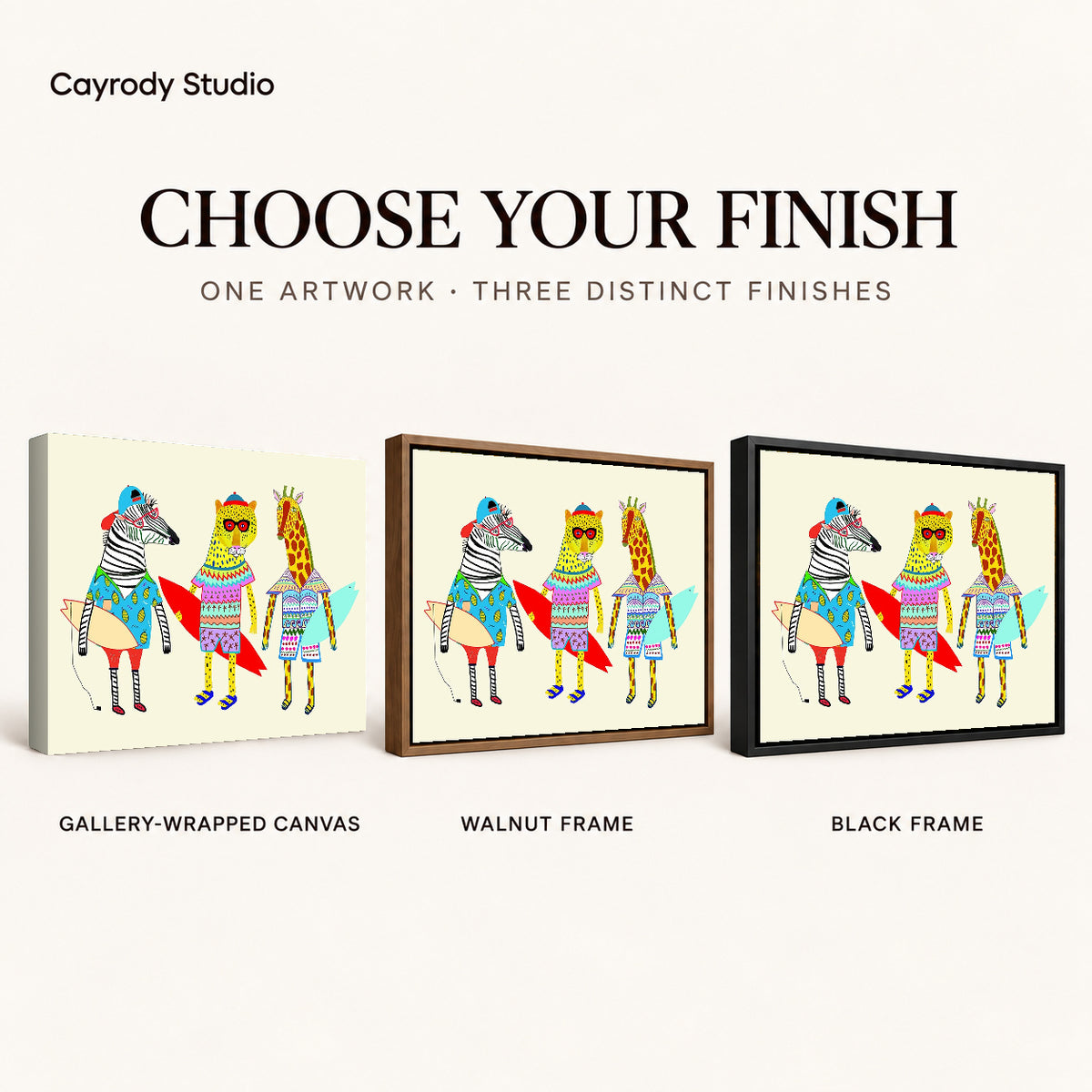 Surfing Animals canvas art comparing gallery wrapped canvas, walnut frame, and black frame finishes.