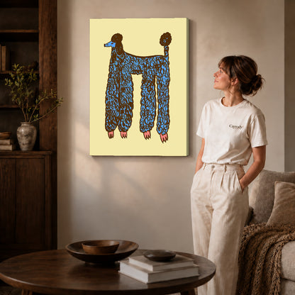 Blue Poodle canvas art displayed as gallery wrapped canvas beside a woman in natural light.