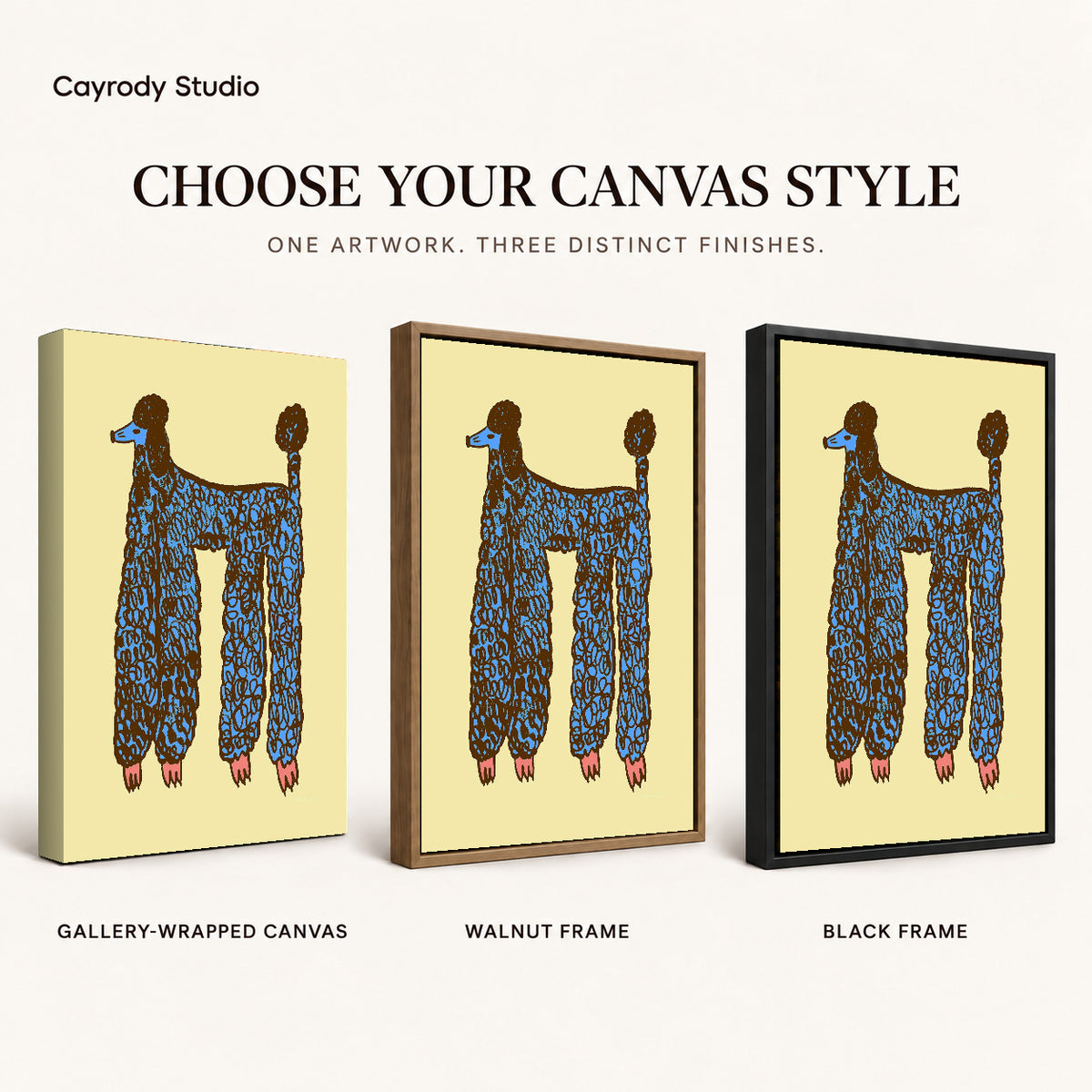 Blue Poodle canvas art comparing gallery wrapped canvas, walnut frame, and black frame finishes.