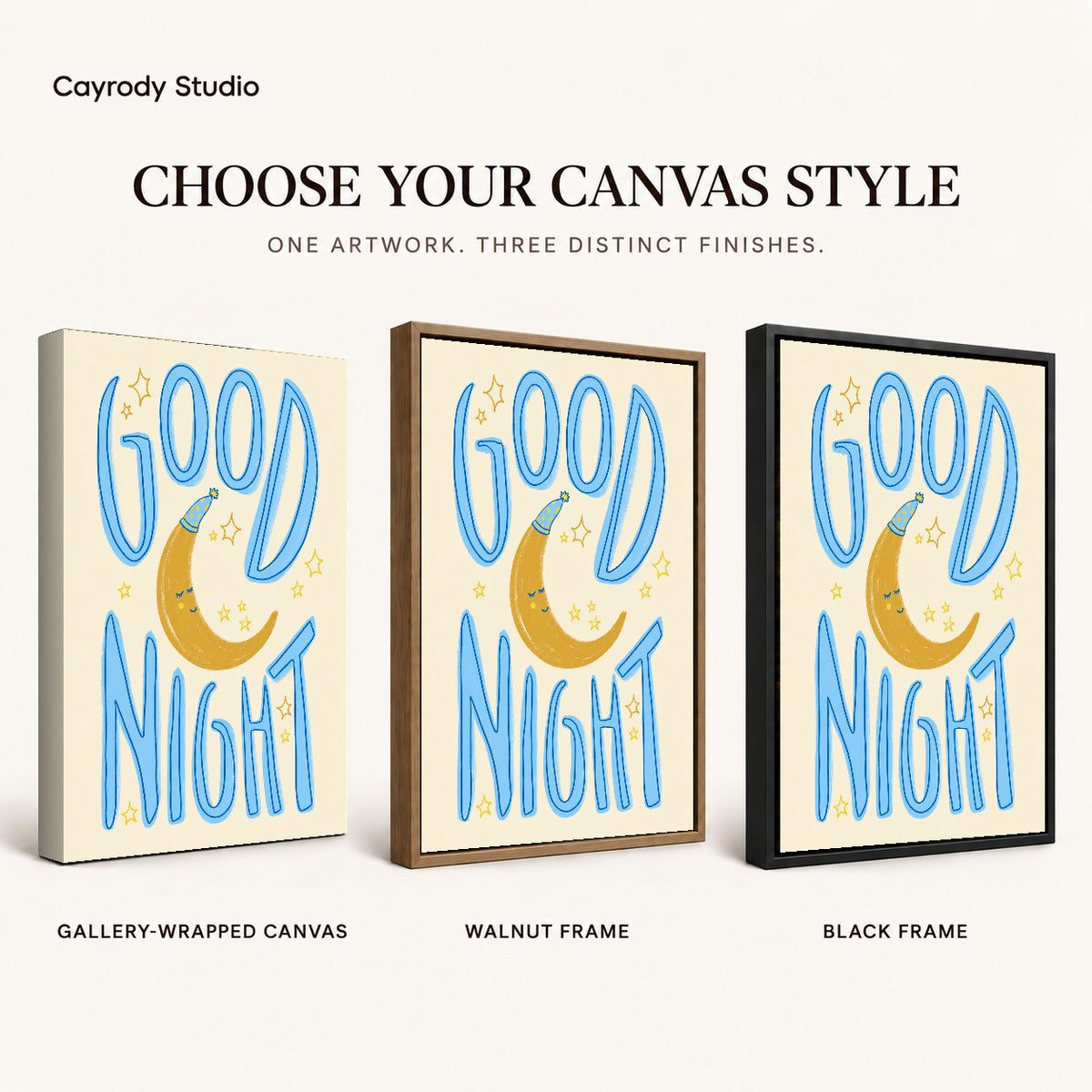 good night moon art canvas art compared across gallery-wrapped canvas, walnut frame, and black frame finishes.