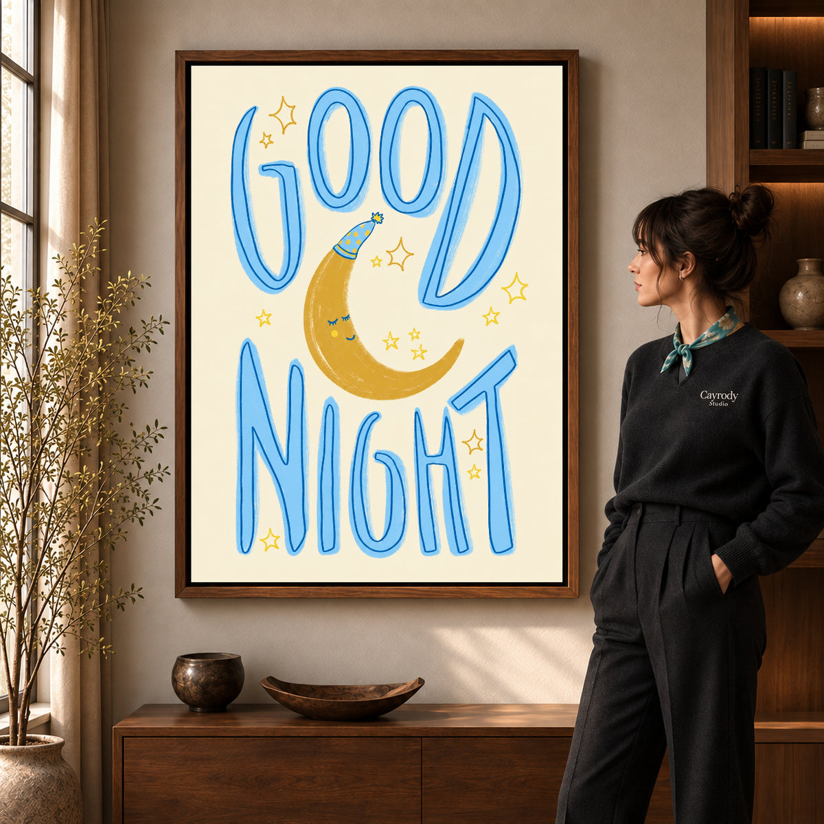 good night moon art canvas art shown in the walnut frame option within a warm living room.