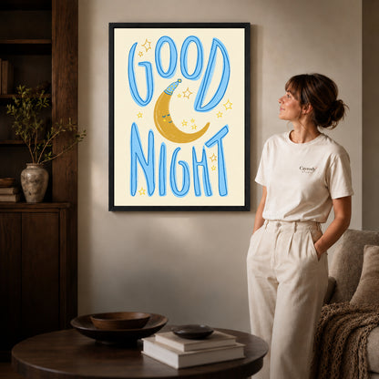 good night moon art canvas art shown in the black frame option against a softly lit wall.
