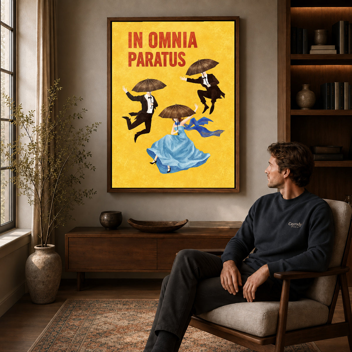 Umbrella Dreamers canvas art above a wooden console beside a seated man in a warm room.