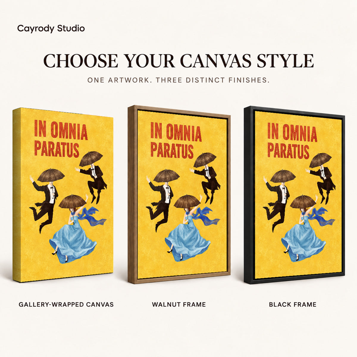 Umbrella Dreamers canvas art comparing gallery wrapped canvas, walnut frame, and black frame finishes.