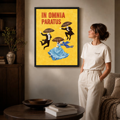 Black framed umbrella dreamers canvas art displayed beside a woman in a warm living room.