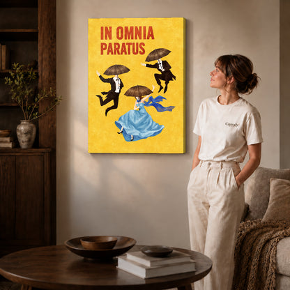 Gallery wrapped umbrella dreamers canvas art with visible canvas edges beside a standing woman.