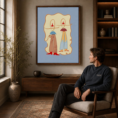 Western Cowgirl Duo canvas art above a wooden console beside a seated man in a warm room.