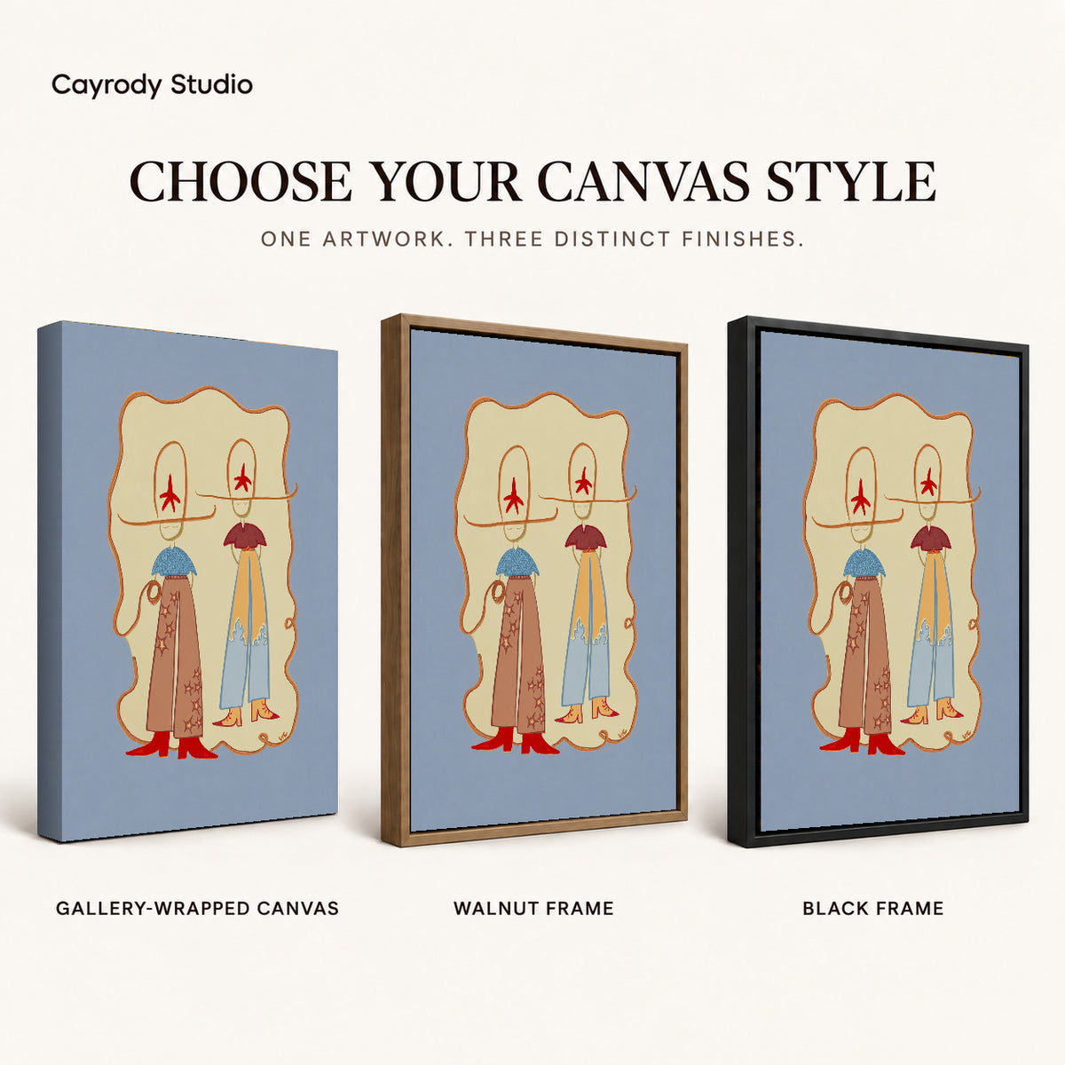 Western Cowgirl Duo canvas art comparing gallery wrapped canvas, walnut frame, and black frame finishes.