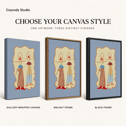 Western Cowgirl Duo canvas art comparing gallery wrapped canvas, walnut frame, and black frame finishes.