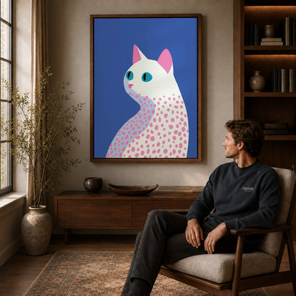 Spotted Cat canvas art above a wooden console beside a seated man in a warm room.
