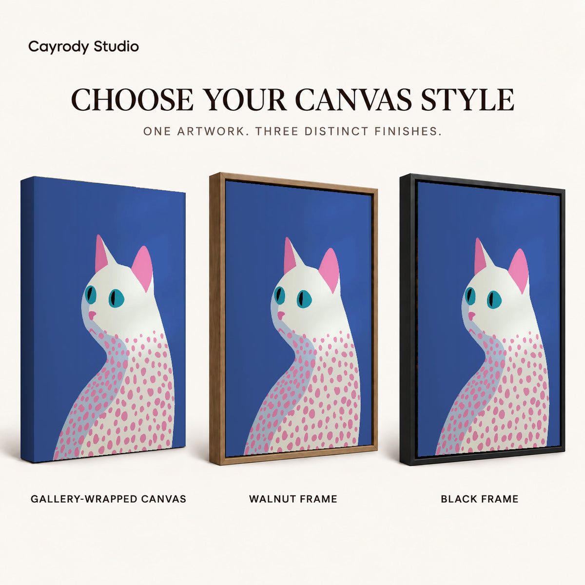 Spotted Cat canvas art comparing gallery wrapped canvas, walnut frame, and black frame finishes.