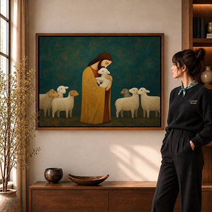 Gentle Shepherd canvas art in a walnut frame beside a standing woman and wooden console.