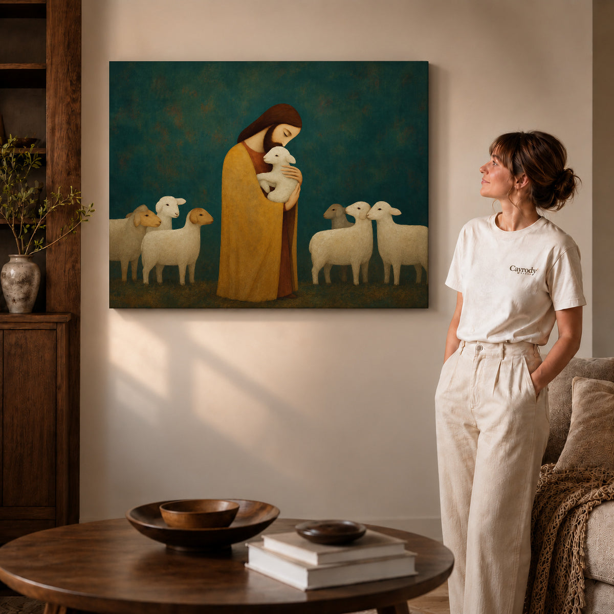 Gentle Shepherd canvas art displayed as gallery wrapped canvas beside a woman in natural light.