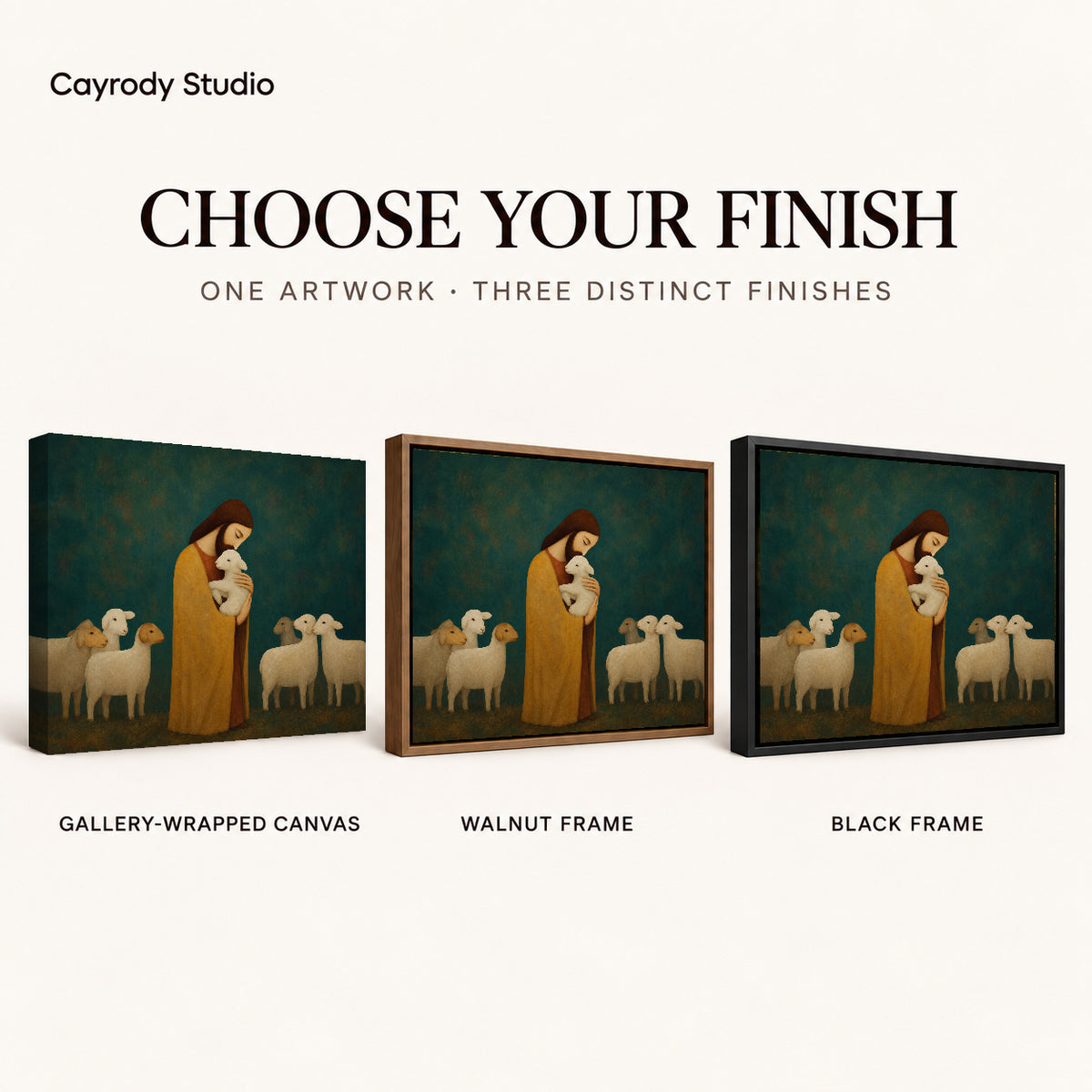 Gentle Shepherd canvas art comparing gallery wrapped canvas, walnut frame, and black frame finishes.